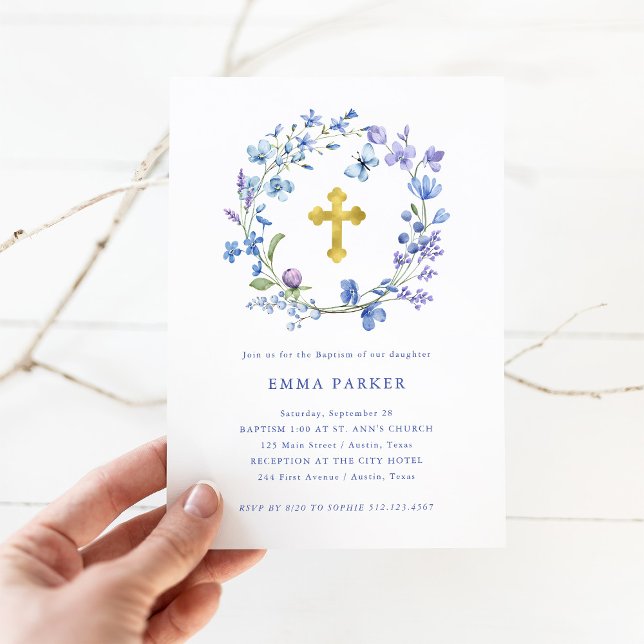 Blue and Purple Boho Wreath and Cross | Baptism Invitation (Creator Uploaded)