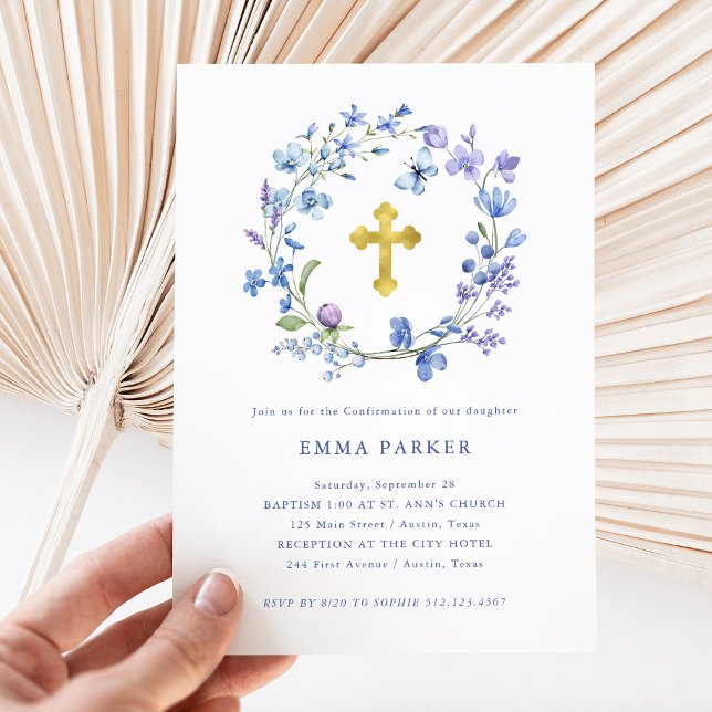 Blue and Purple Boho Wreath and Cross Confirmation Invitation (Creator Uploaded)