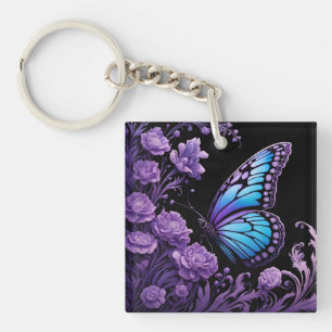 Blue and Purple Butterfly Floral Key Ring