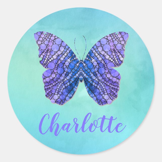 Blue and Purple Butterfly Name Monogram Classic Round Sticker (Front)