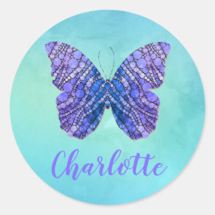 Blue and Purple Butterfly Name Monogram Classic Round Sticker