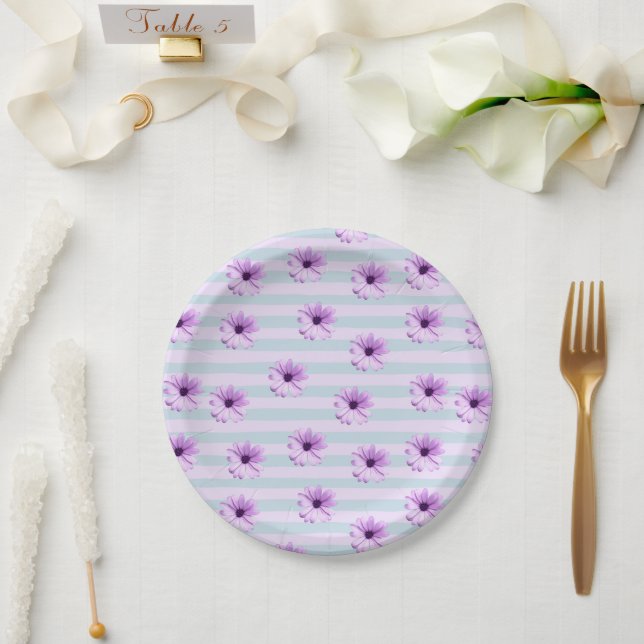 Blue and Purple Daisy Pattern Paper Plate (Wedding)