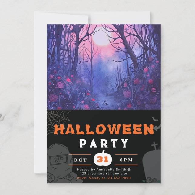Blue and Purple Enchanted Forest Black Halloween Invitation (Front)