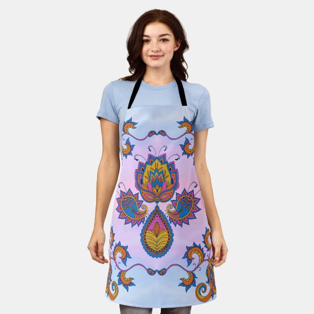 Blue and Purple Floral Art, Mehndi Blue Bliss Apron (Worn)