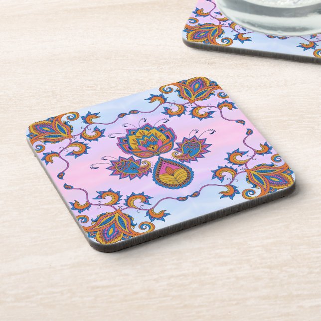 Blue and Purple Floral Art, Mehndi Blue Bliss Coaster (Left Side)