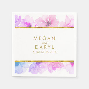 Blue and Purple Floral Gold Frame Wedding Napkin