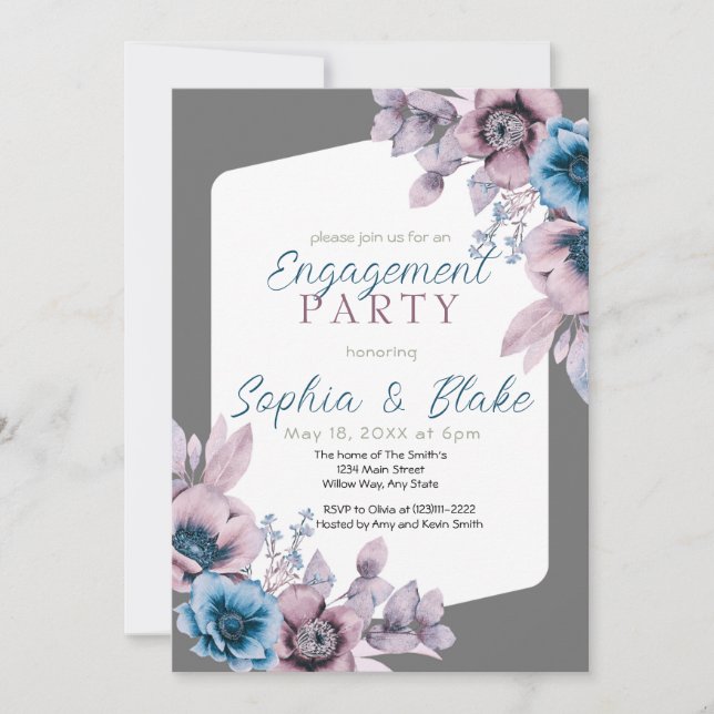 Blue and Purple Floral Grey Engagement Party  Invitation (Front)
