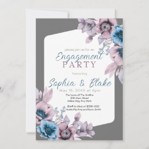 Blue and Purple Floral Grey Engagement Party  Invitation
