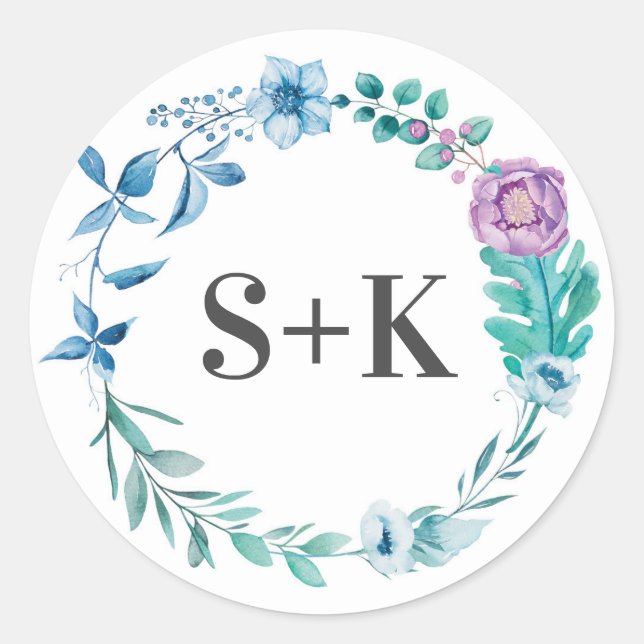 Blue and Purple Floral Initial wedding stickers (Front)