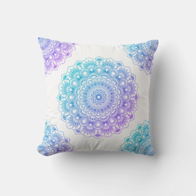 Blue and purple floral mandala on white background cushion (Front)