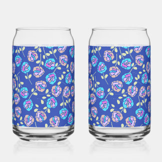 Blue and Purple Floral Pattern Can Glass