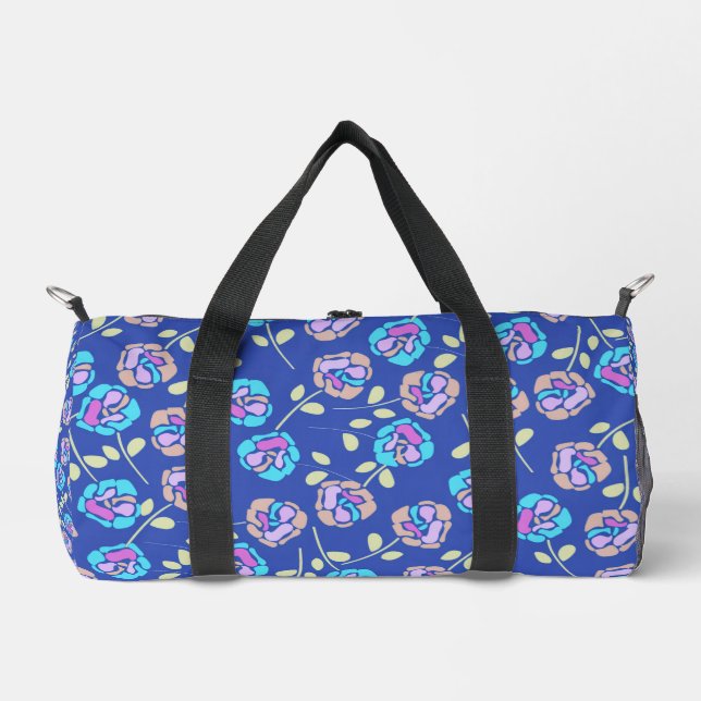 Blue and Purple Floral Pattern Duffle Bag (Front)