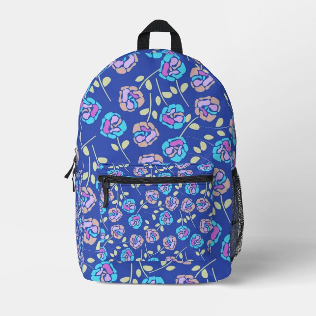 Blue and Purple Floral Pattern Printed Backpack (Front)