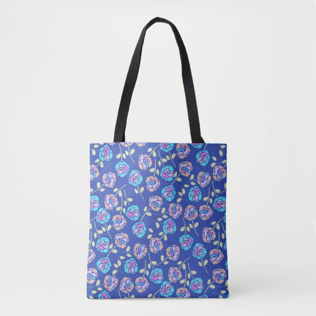 Blue and Purple Floral Pattern Tote Bag (Front)