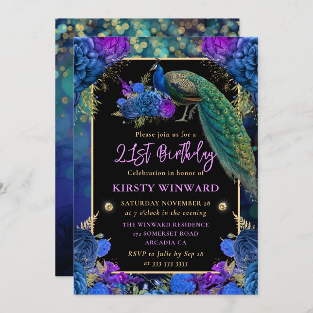 Blue and Purple Floral Peacock 21st Birthday Invitation (Front/Back)