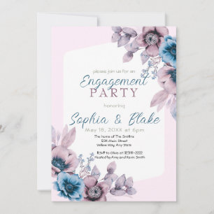 Blue and Purple Floral Pink Engagement Party  Invitation