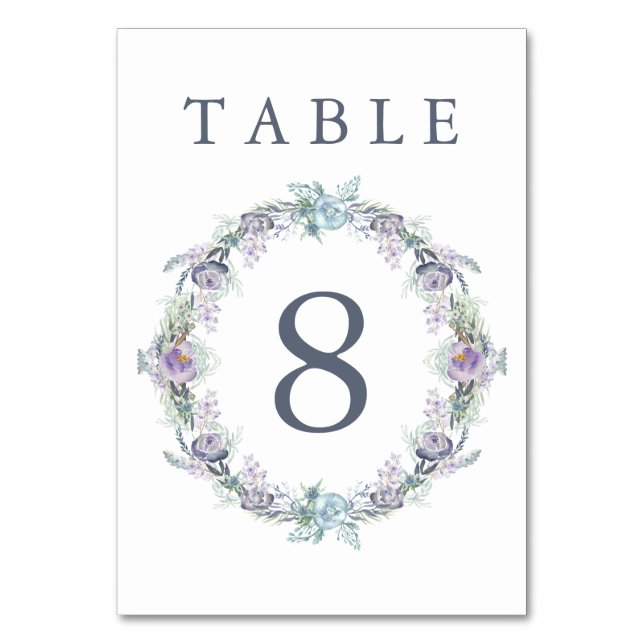 Blue and Purple Floral Wreath Wedding Table Number (Front)