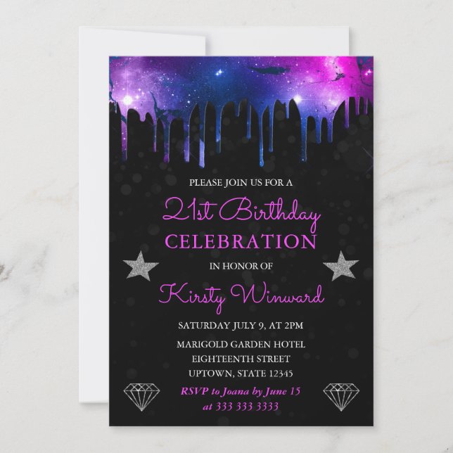 Blue and Purple Galaxy Marble 21st Birthday Invitation (Front)