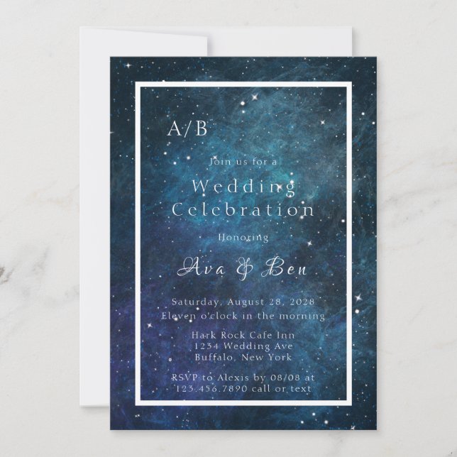 Blue and Purple Galaxy Space Initials Wedding Invitation (Front)