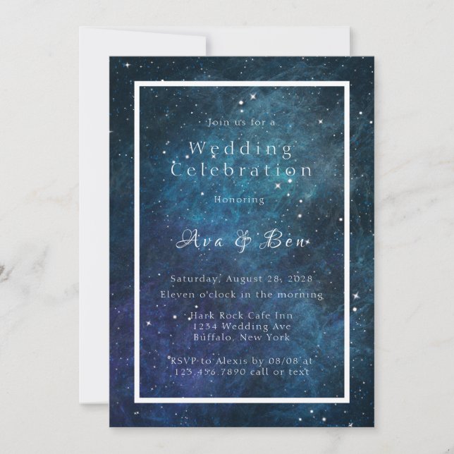 Blue and Purple Galaxy Space Wedding Invitation (Front)