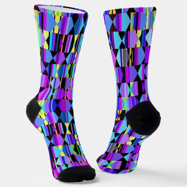 Blue and Purple Geometric with Hexagons, Triangles Socks (Angled)