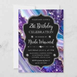 Blue and Purple Glitter Marble Agate 21st Birthday Invitation