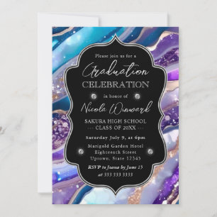 Blue and Purple Glitter Marble Agate Graduation Invitation