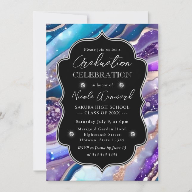 Blue and Purple Glitter Marble Agate Graduation Invitation (Front)