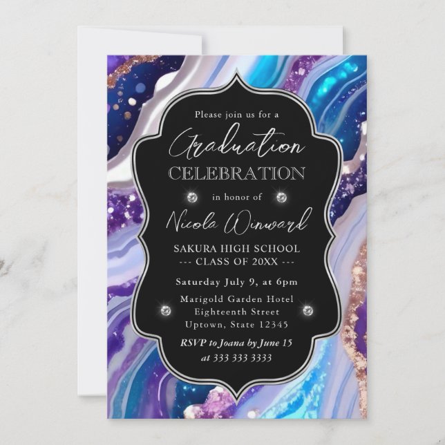 Blue and Purple Glitter Marble Agate Graduation Invitation (Front)