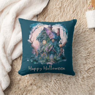 Blue and Purple Haunted House Blue Happy Halloween Cushion