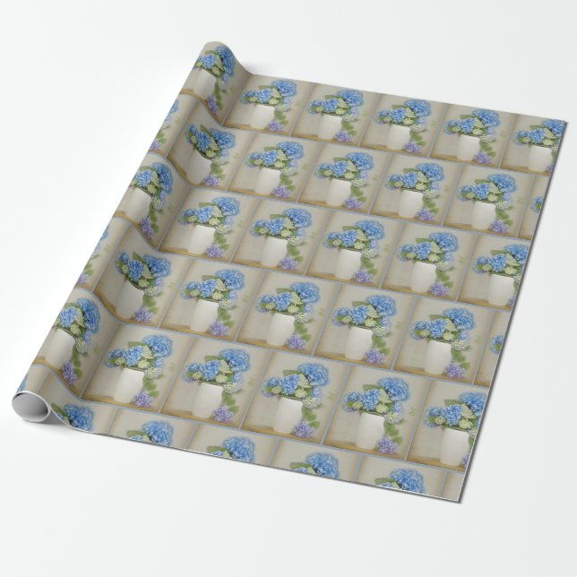 Blue and purple hydrangea bouquet wrapping paper (Unrolled)