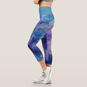 Blue and Purple Liquid Watercolor Marbled Paint Capri Leggings