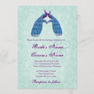 Blue and Purple  Lovebird Peacocks Wedding Invitation