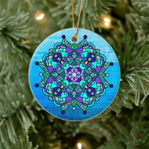 Blue and Purple Mandala Christmas Ceramic Ornament