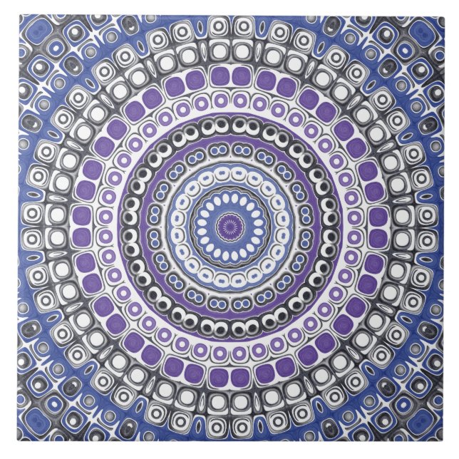 Blue and Purple Mandala Geometric Circular Pattern Ceramic Tile (Front)