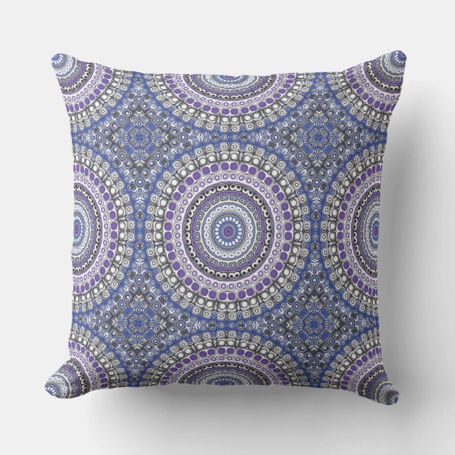 Blue and Purple Mandala Geometric Circular Pattern Cushion (Front)