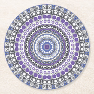 Blue and Purple Mandala Geometric Circular Pattern Round Paper Coaster