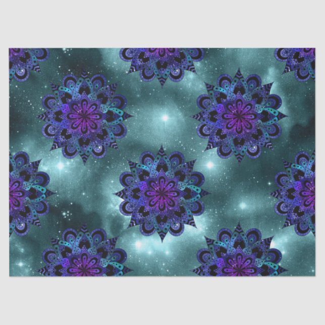 Blue and Purple Mandalas on Green Sky Decoupage Tissue Paper (Front)