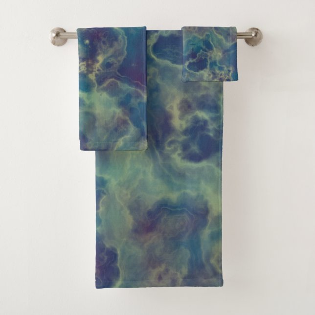 Blue and Purple Marble abstract Bath Towel Set (Insitu)