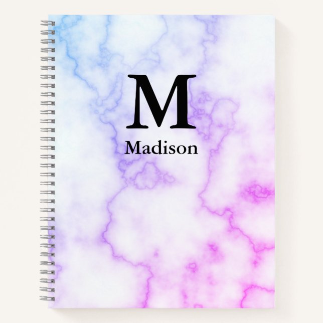 Blue and Purple Marble Look Name Initial Monogram Notebook (Front)