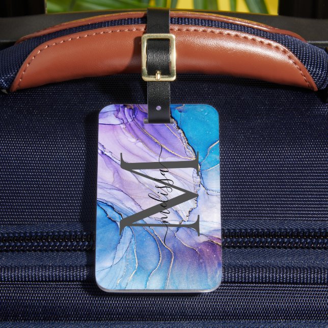 Blue and Purple Marbled Monogramed  Luggage Tag (Front Insitu 2)