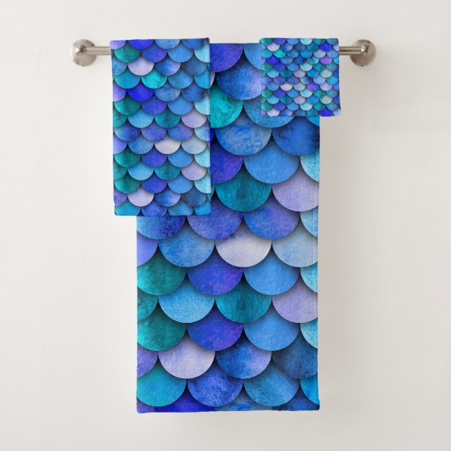 Blue and purple mermaid scale summery pattern bath towel set (Insitu)
