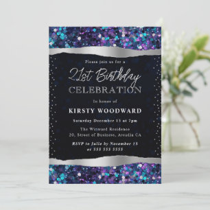 Blue and Purple Mermaid Sequins 21st Birthday Invitation