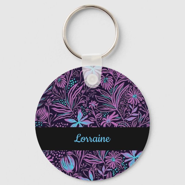 Blue and purple neon flowers key ring (Front)