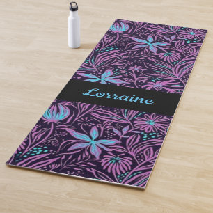 Blue and purple neon flowers yoga mat