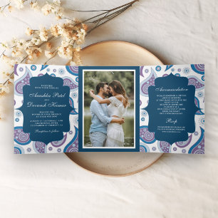 Blue and Purple Paisley Indian Style Wedding Photo Tri-Fold Invitation