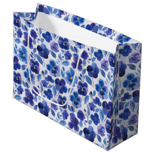 Blue and Purple Pansy Type Flowers Pattern Large Gift Bag