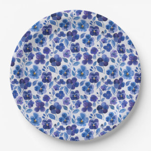 Blue and Purple Pansy Type Flowers Pattern Paper Plate