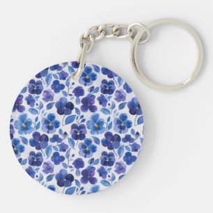 Blue and Purple Pansy Type Flowers Two-sided Key Ring
