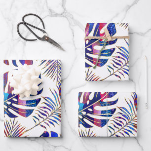 Blue and purple patterned tropical leaves wrapping paper sheet